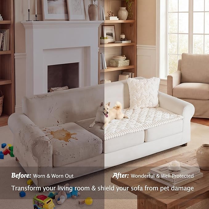 PuTian 100% Waterproof Fuzzy Couch Cover for Dogs White 27.6"x59" | Pet Friendly Dog Mat for Couch, Waterproof Sofa Protector, Scratch Resistant Furniture Cover for Dogs, Machine Washable