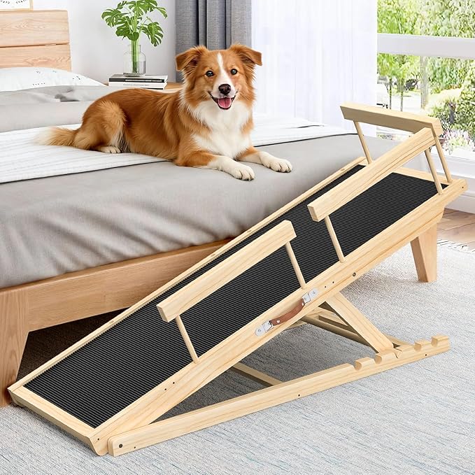 55" Adjustable Dog Ramp for Bed, Upgraded Wooden Pet Ramp with Non-Slip Silicone Surface and Side Rails, Height Settings (19.68-27.55"), Holds Up to 250lb, Portable Pet Stairs for Senior & Large Dogs