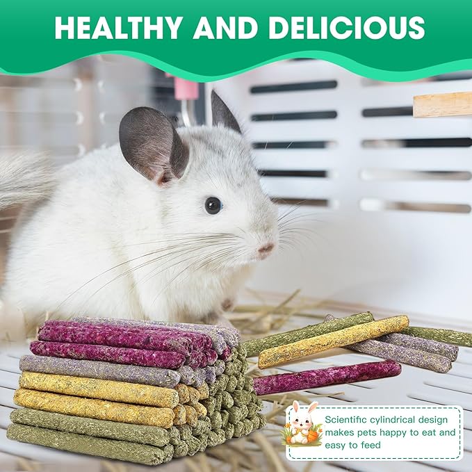 Jorewood 33 Pcs Rabbit Chew Sticks, Rabbit, Guinea Pig Toys, Natural Timothy Grass Molar Teeth Stick, Mixing Natural Flowers Chewing Toy, Small Animals Treats