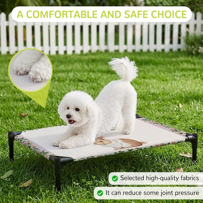 Outdoor Elevated Dog Bed for Medium Dogs, Country Bunny Breathable Cooling Raised Dog Cot for Indoor/Outdoor, Farmhouse Rustic Flower Leaf Plant Beige Waterproof Elevated Pet Beds, M 24 x 20 in