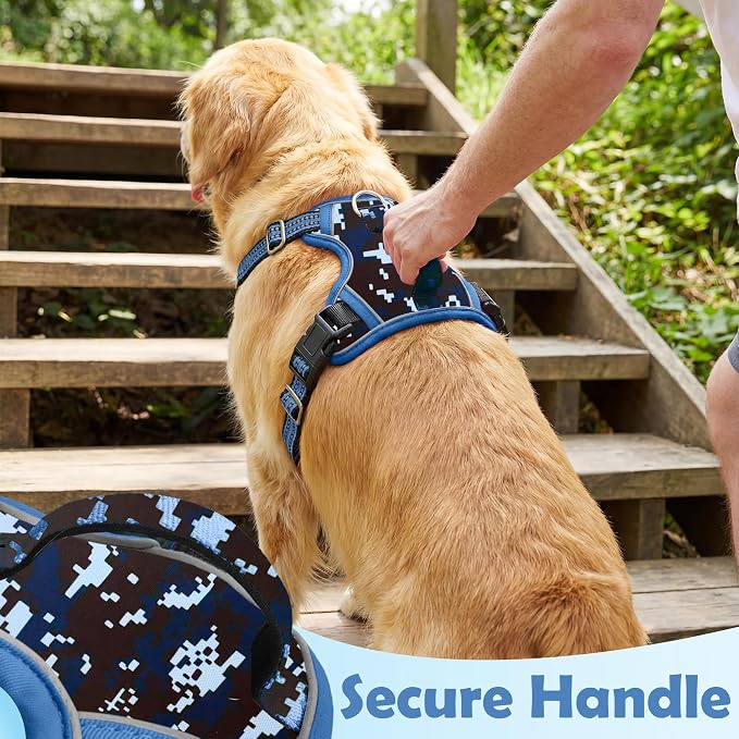 Dog Harness No Pull, Adjustable Pet Vest Harness, Super Soft Material with Vertical Handle Easy Control, Reflective Night Walking, 2 Leash Clips for XLarge Dogs, Mosaic Blue, XL