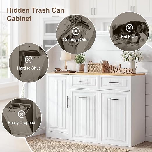 ZIFTY Pull Out Trash Can Cabinet with Storage, 2×13 Gallon Trash Cans White | Pet Proof, Freestanding Kitchen Cabinet, Large, Hideway Drawer , Hidden Garbage Storage, Modern Farmhouse Waste Bin Furniture