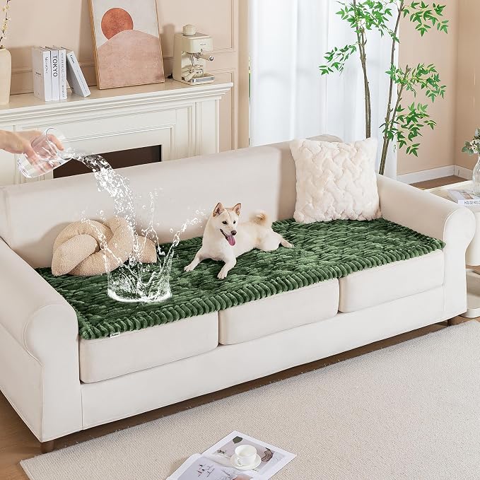 PuTian 100% Waterproof Fuzzy Couch Cover for Dogs Green 27.6"x59" | Pet Friendly Dog Mat for Couch, Waterproof Sofa Protector, Scratch Resistant Furniture Cover for Dogs, Machine Washable