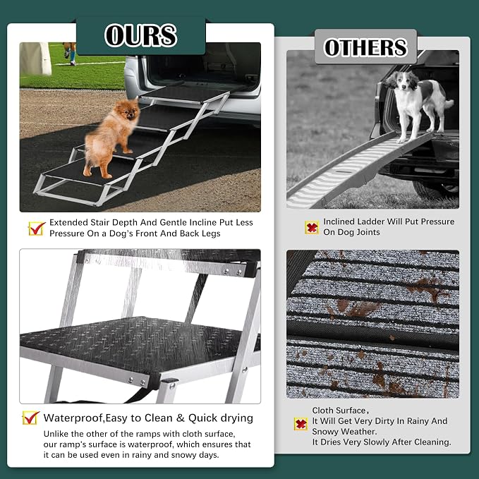 Joyrally 4-Step Dog Stairs for Car, Large Dogs, High-Traction Mat | 20 in extra-wide aluminum frame, 200 lb capacity and foldable design for SUV and truck trunks, for senior and injured dogs
