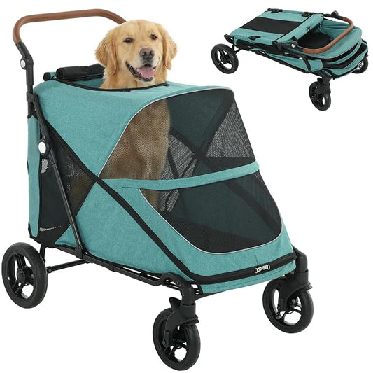 PawHut Dog Stroller for Large Dogs, One-Click Folding 4 Wheel Large Pet Stroller Wagon for Multiple Pets, All Terrain Spring Suspension w/ 8-Position Adjustable Handle, Mesh Window, Up to 66 LBS, Teal