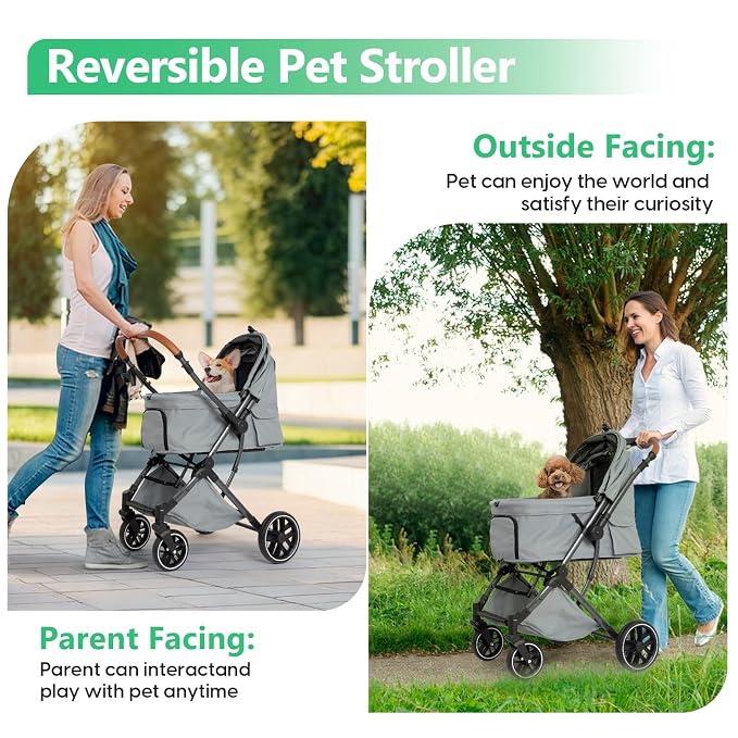 Pet Stroller for Small Medium Dogs Cats Up to 50 lbs,4 Wheels One-Click Folding Pet Stroller with Reversible Handle, All-Weather Convertible Canopy (Grey)