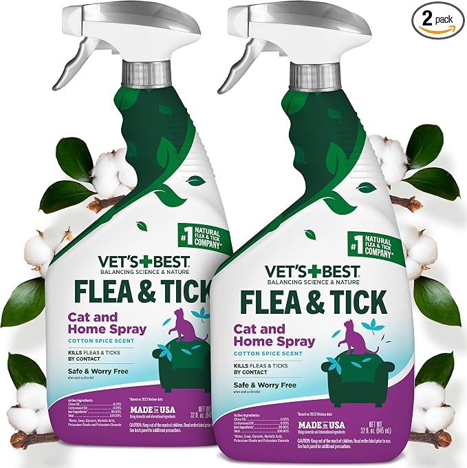Vet's Best Natural Cat Flea & Tick Home Spray – Plant-Based Cotton Spice Mist for Cats – Indoor Flea Control with Natural Oils – Gentle Scented Spray for Home Use – Made in USA, 32 oz, 2-Pack