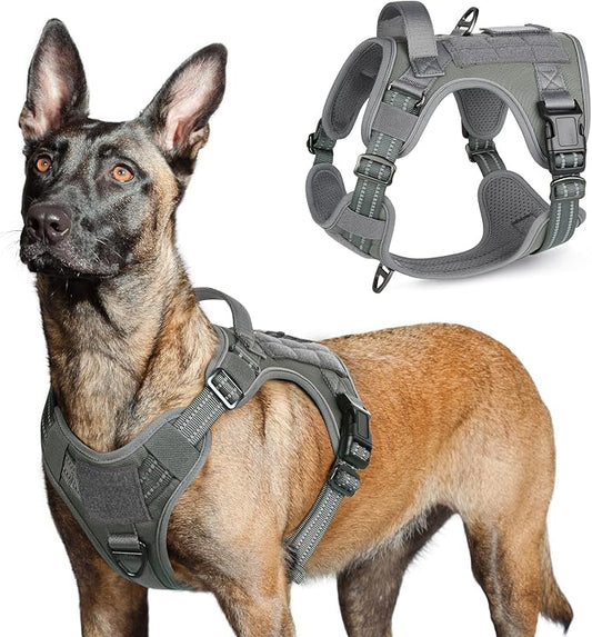 rabbitgoo Tactical Dog Harness for Large, No Pull Military Service Vest | Molle & Handle, Heavy Duty, Adjustable, Reflective Straps, Easy Control for Training Walking, Grey, Large