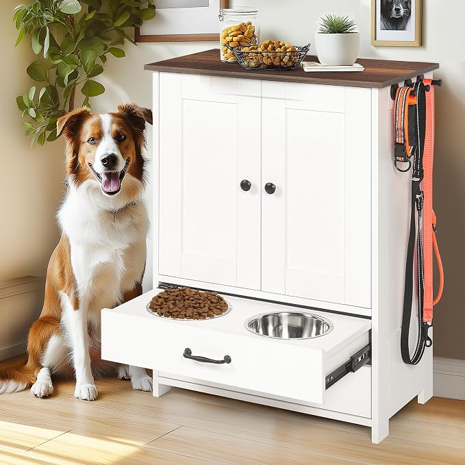 Dog Feeding Station Storage Cabinet: Pet Feeder Container Cabinet with 2 Hidden Raised Dog Bowls Drawers for Feeding & Watering Supplies