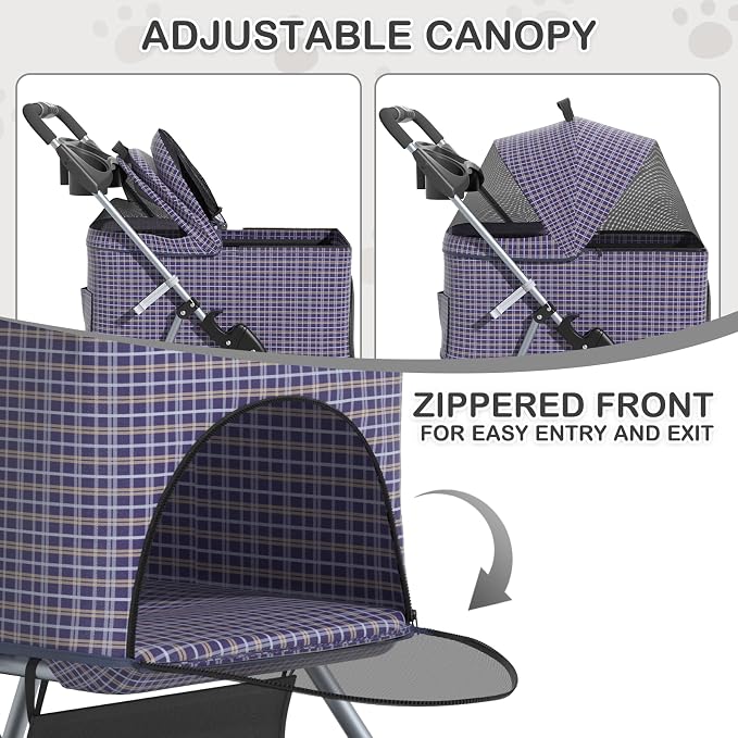 MoNiBloom 3 in 1 Foldable Pet Stroller for Small & Medium Dogs, Detachable Carrier, Car Seat, Push Button Entry, 4-Wheel Jogger for Pets up to 33 lbs, Plaid