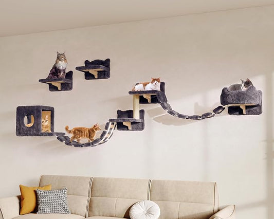 9-in-1 Cat Wall Shelves, Cat Wall Furniture Set with Bridge, Grey | Wall Mounted Cats Shelf for Space-Saving, Multi-Level Cat Climbing Systems for 16 Inch Drywall, with Scratching Posts, Condos