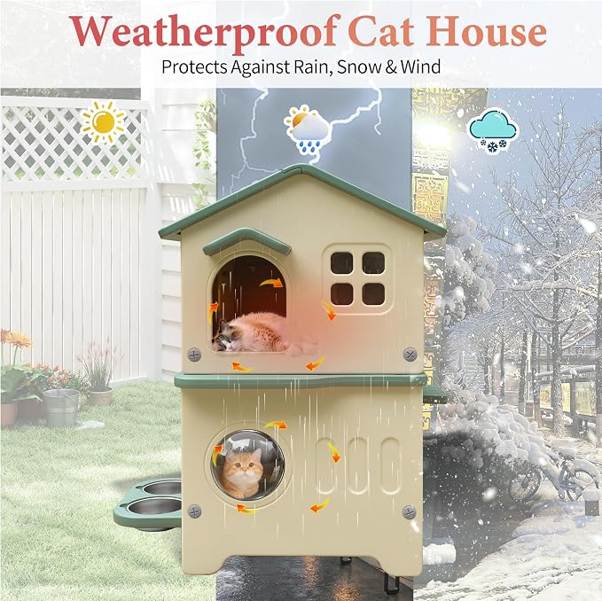 Insulated Cat House Outdoor Plastic Cats Shelter Outside with Cat Bowls | Weatherproof, Durable Plastic, with Elevated Cat Bowls, Cat Scratch Pad , Escape Door, 2-Story, Waterproof ,for Multiple Cats