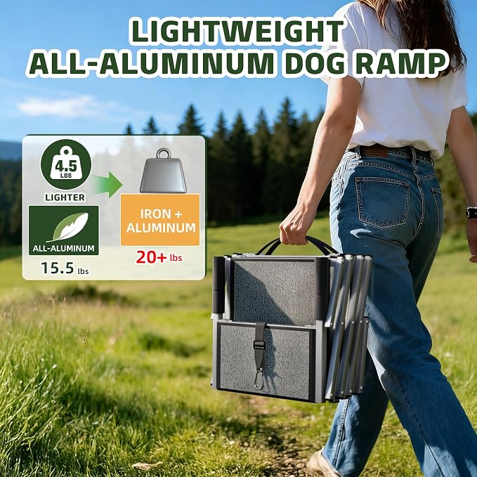 Dog Stairs for Large Dogs, 𝟐𝟎'' 𝐄𝐱𝐭𝐫𝐚 𝐖𝐢𝐝𝐞 Foldable Dog Ramp for Car, SUV & Truck, Non-Slip DogSteps for High Beds, 4-Step Aluminum Frame, Supports up to 250 lbs