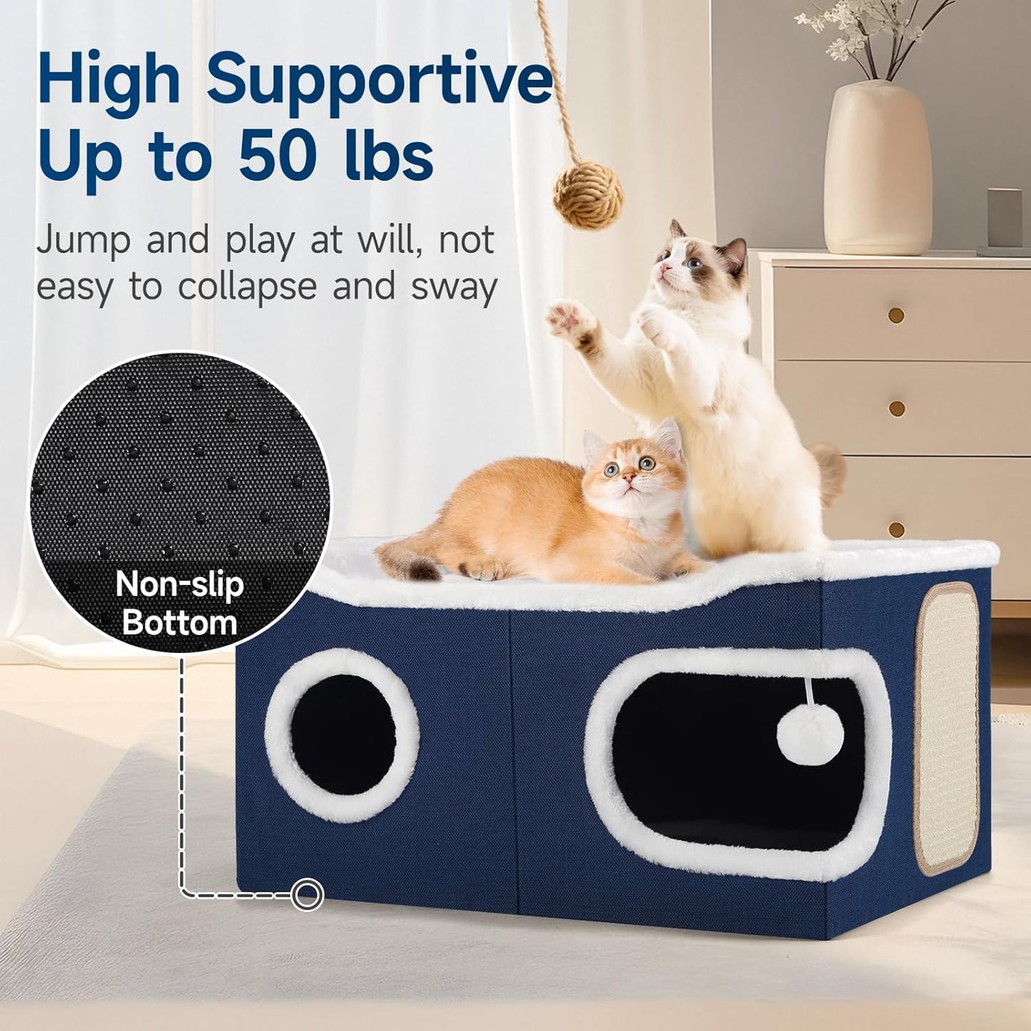 Cat Beds for Indoor Cats, Extra Wide Cat Cube House for Multi Cats, Foldable Cat Cave Hideaway with Arc-Edge Design & Oval Door, Double-Side Soft Cushion for All Seasons, 24"L x 17.7"D x 12.6"H, Blue