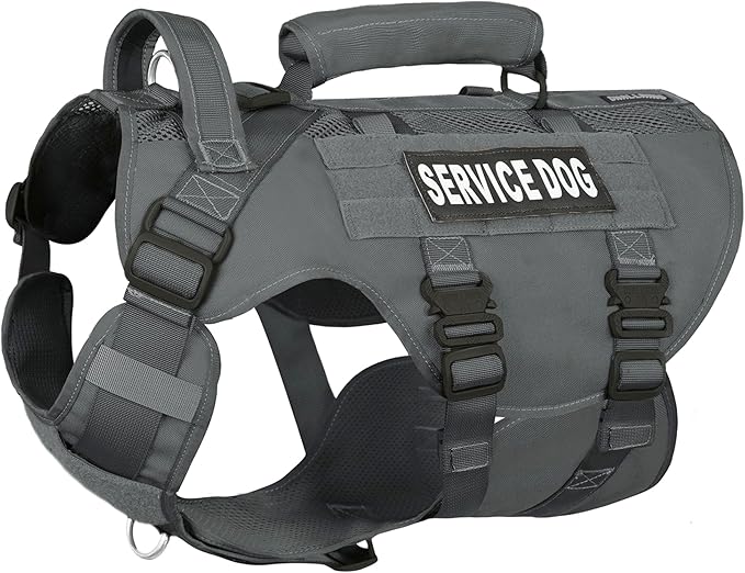 Service Dog Vest for Large Dogs, Grey Tactical Harness with Military MOLLE, Breathable Mesh & 39g Metal Buckle - Size M for Training & Hiking