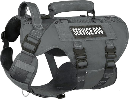Service Dog Vest for Large Dogs, Grey Tactical Harness with Military MOLLE, Breathable Mesh & 39g Metal Buckle - Size L for Training & Hiking