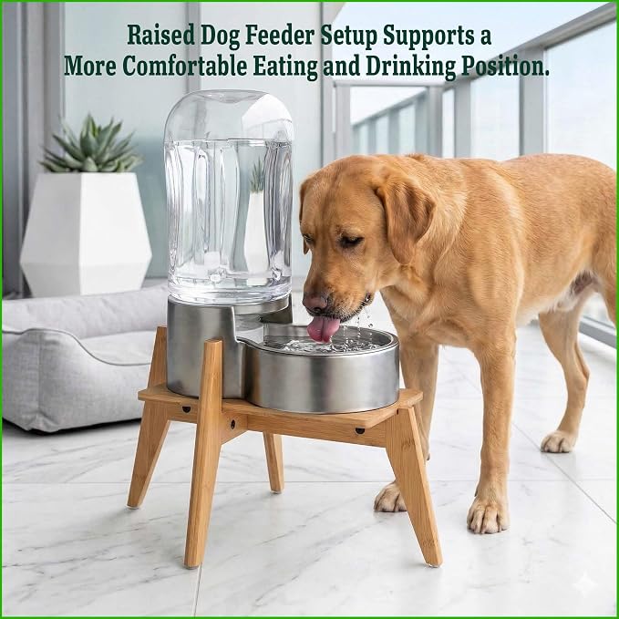 Stand for Dog Water Food Dispenser - Automatic Dog Feeder Holder - Suitable for Large Dogs - Bamboo