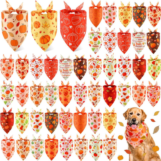 Abbylike 50 Pcs Fall Thanksgiving Dog Bandanas Bulk Pumpkin Bandanas for Dogs Triangle Kerchief Bibs Scarf for Pets Autumn Costume Photo Props Accessories Pet Shops, 25 Styles (31.5 x 21.7 x 21.7)