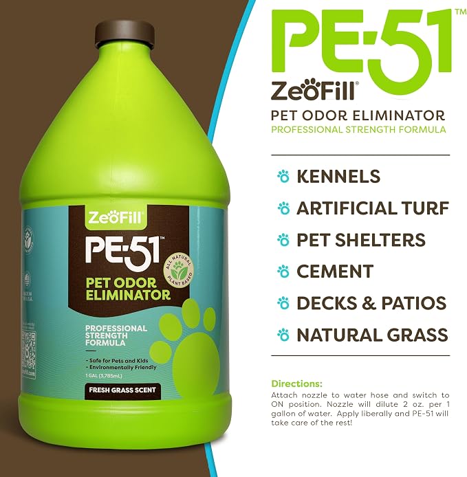 ZEOFILL PE-51 Pet Odor Eliminator - Outdoor Odor Eliminator for Pets, Cat Urine, Dog Pee, and Poop | Artificial Turf, Lawn, Yard, Decks & Patio Smell Remover | Natural Eco-Friendly Enzymes | 2 Gallon