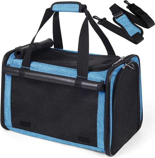 YUDODO 25 lbs Lightproof Airline Approved Cat Small Dog Carrier for Travel Bag Soft Sided Pet Puppy Carriers with Side Pockets & Reflective Mesh, Foldable Portable for Outdoor Car Large Lake Blue