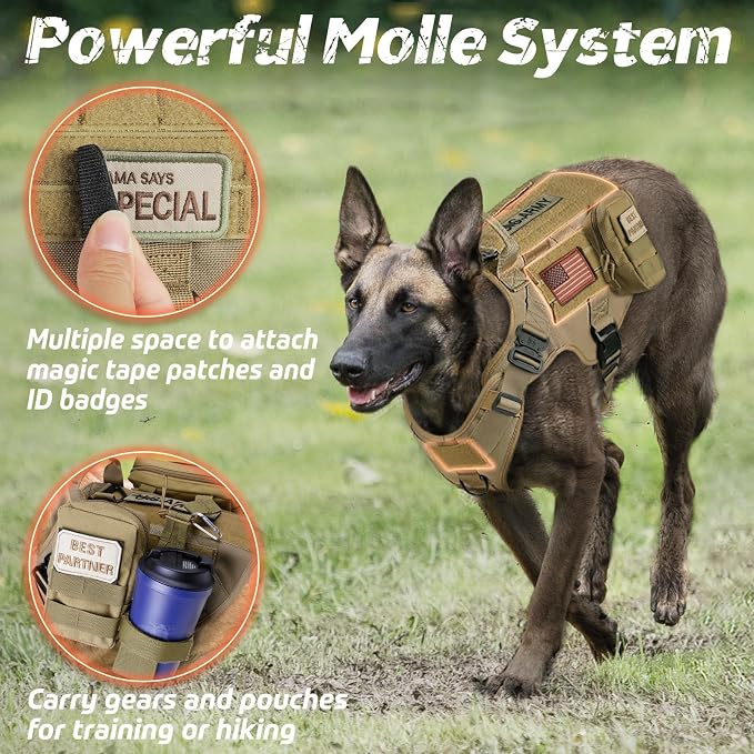 rabbitgoo Tactical Dog Harness for Medium, Heavy Duty Military No Pull Vest | Sturdy Metal Buckles, 5 Adjustments, Molle System, Powerful Pullers for Training, Hunting, Outdoor, Brown, Medium