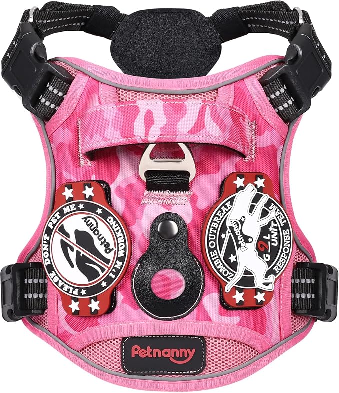 Petnanny Tactical Dog Harness No Pull Service Dog Vest S Pink Camo | Tactical Dog Vest with breathable mesh & hook loop panel, no pull harness for walking training, adjustable fit