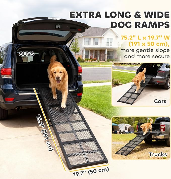 PawHut Dog Ramp for Car 75" x 20" Large Folding Pet Ramp for Large Dogs | Non-Slip Surface, Extra Long Wide, Portable Pet Stairs, SUVs Trucks Beds