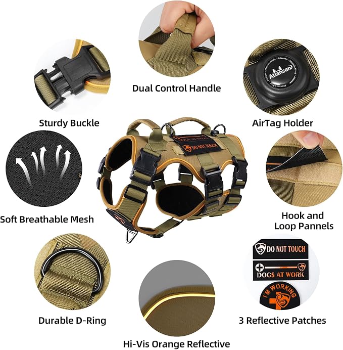 Reflective Tactical Dog Harness with AirTag Holder&3 Pet Patches, Khaki L | Heavy Duty No Pull Dog Harness, Adjustable Dog Harness, Two Handles, Breathable Mesh Padding, Resists Dirt and Stay Clean