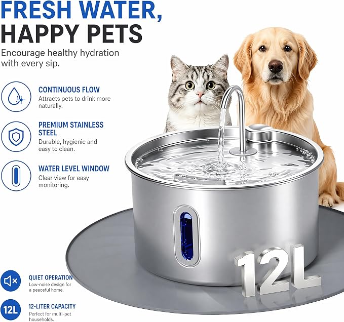 Stainless Steel Dog Water Fountain,12L/3.17Gal Large Capacity | Visible Water Window Window LED Alert Anti-Splash Feeding Mat for Multi-Pet Homes