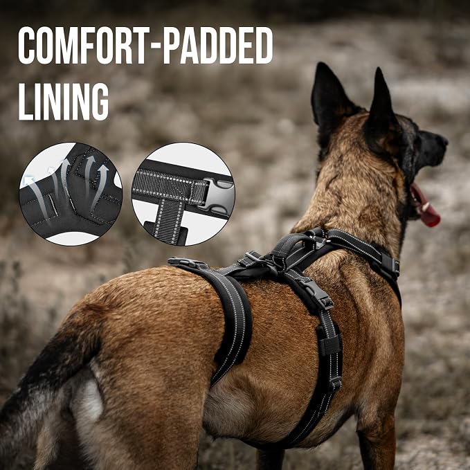 OneTigris Dog Harness No Pull Adjustable Tactical Harness with Soft Padding | Y-Shaped Reflective High-tensile Nylon, 1 Handle, 3 D-rings Easy Walk Dog Harness for Medium Large Dogs Easy on/off Tactical