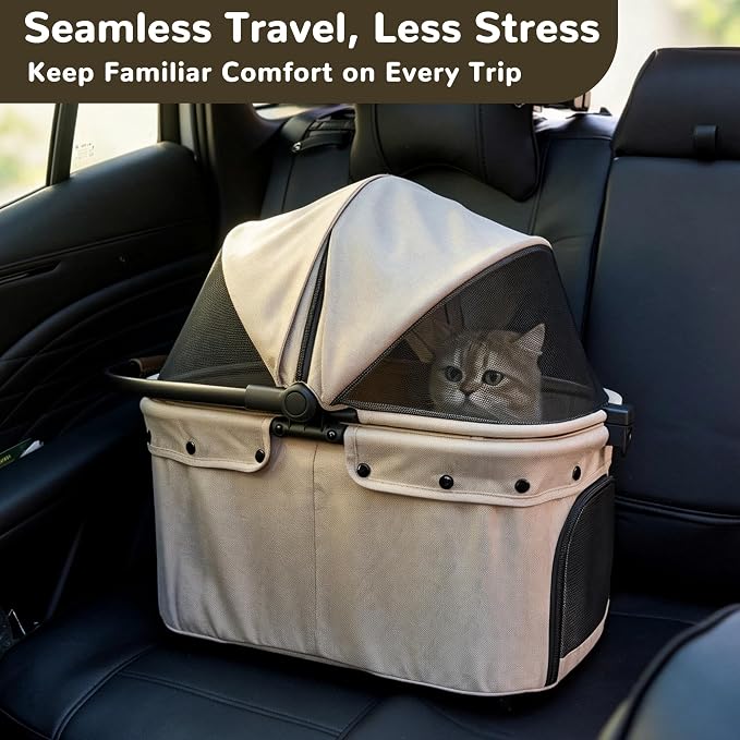 Dog Stroller for Small to Medium Dogs with Detachable Carrier, Beige | 3-in-1 Pet Stroller, Dual-layer UV-Resistant Waterproof Canopy with Breathable Mesh, All-Terrain PU Wheels with Suspension