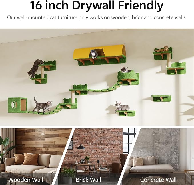 16-in-1 Cat Wall Shelves, Cat Furniture w/Tunnel & Bridge, Green | Wall Mounted Cats Shelf Set with Plush Fabric, Cat Climbing Wall Systems for 16 Inch Drywall, with Scratching Posts, Condos