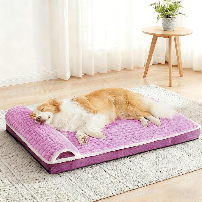 Orthopedic Large Dog Bed Pillow Pet Sofa Bed 42''X28'' Lilac | Egg-Crate Foam Pet Couch Large Sized Dog, Waterproof Removable Washable Cover,Furry Puppy Crate Mat With Nonskid Bottom