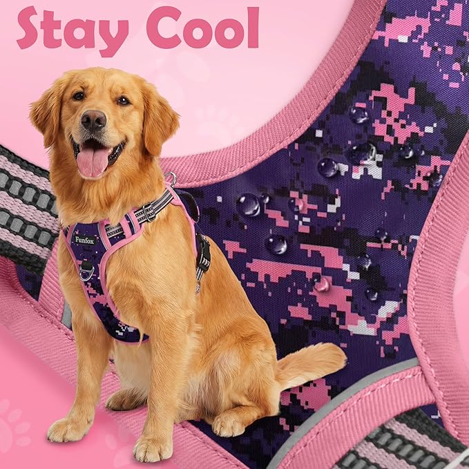 Dog Harness No Pull, Adjustable Pet Vest Harness, Super Soft Material with Vertical Handle Easy Control, Reflective Night Walking, 2 Leash Clips for Medium Sized Dogs, Mosaic Pink, M