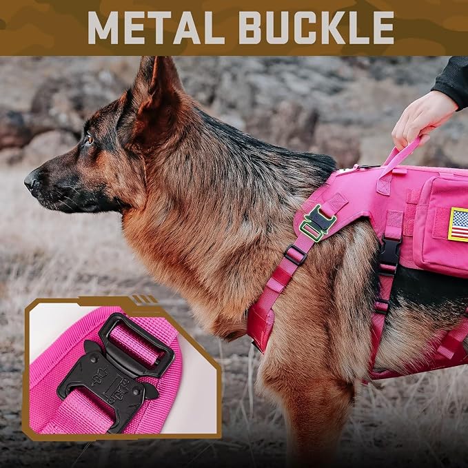 Forestpaw Tactical Dog Harness Collar Bungee Leash Set,S,Hot Pink | Adjustable Fits 17-25" Chest,20-35 lbs,No Pull Control Military Style,Quick Release Buckle,Walking for Medium Dogs