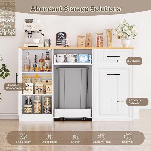 ZIFTY Pull Out Trash Can Cabinet with Storage, 2×13 Gallon Trash Cans White | Pet Proof, Freestanding Kitchen Cabinet, Large, Hideway Drawer , Hidden Garbage Storage, Modern Farmhouse Waste Bin Furniture