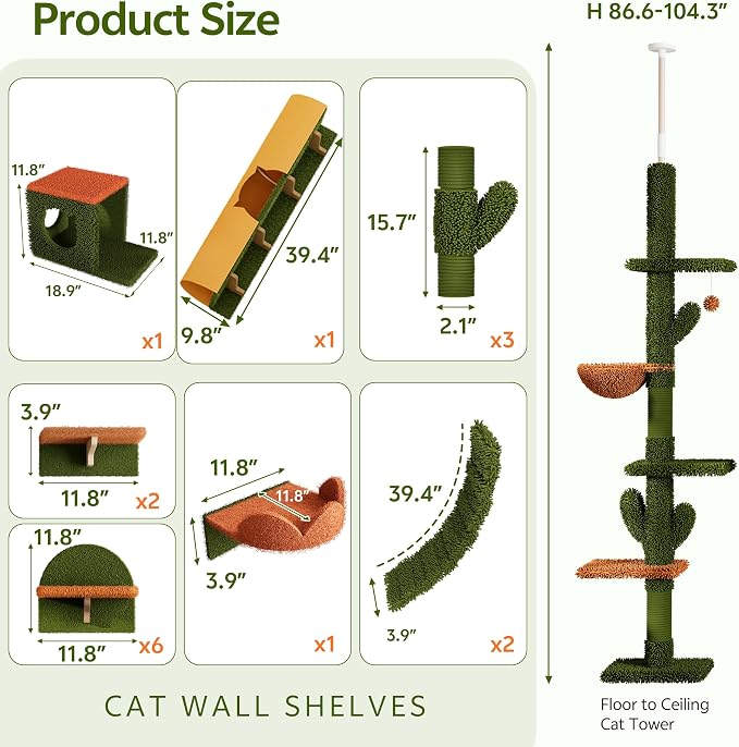 Cactus Floor to Ceiling Cat Tower, 17-in-1 Cat Wall Shelves, Green | Cat Tree with Adjustable Height(87-104 IN), Cat Climbing Wall Furniture Set for 16 Inch Drywall, with Scratching Post, Tunnel