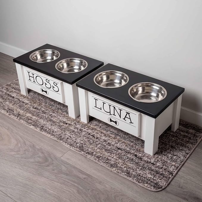 Elevated Dog Bowls, Personalized Raised Dog Bowl Stand for Medium Dogs | Farmhouse Style, Elevated Wood Stand, Storage Container, Stainless Steel Bowls, Raised Anti-Slip Feeder, Made in USA