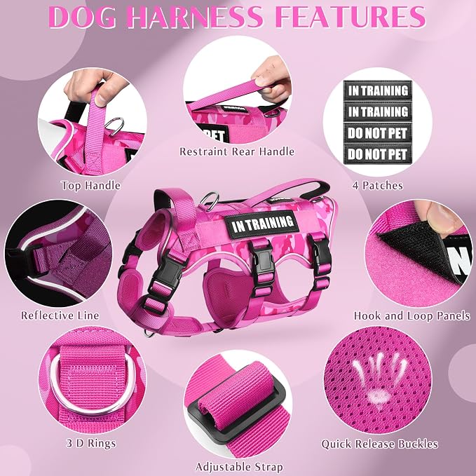 Escape Proof Dog Harness with Double Handle+4 Removable Patches | Service Working Molle Harness with Double Handle for Medium Dogs, Tactical Pet Reflective Vest for Walking Hiking Hunting