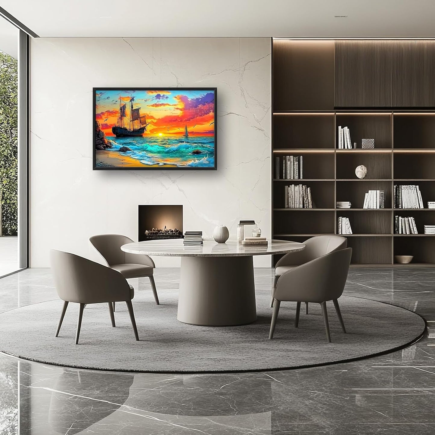 Framed Large Ship Wall Art for Living Room, Oversized Coastal Beach Boat Wall Decor Nautical Seascape Sailboat Canvas Painting Modern Artwork Home Decoration for Living Room Bedroom 36"x24"