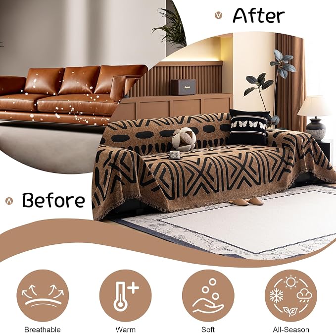 VClife Couch Cover Bohemian Morroccan Sofa Cover Washable Sofa Slipcover for 3-4 Cushion Couch Sofa Non Slip Soft Chenille Furniture Protector Modern Brown Black Slip Cover for Couch 71''x150''