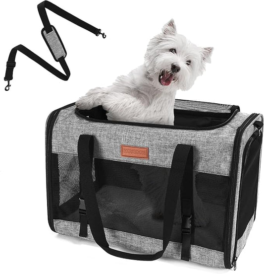 Foldable Cat Dog Carrier for Pets up to 15 Lb, Grey | Top & Side Entry, Soft-Sided Pet Carrier with Ventilated Anti-Scratch Mesh & Car Seat Buckle for Car Travel, 20×13×13 in