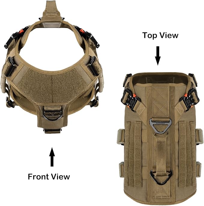 ICEFANG No Pull Tactical Dog Harness for X-Large Dogs,Adjustable Dog Vest | Control Handle,MOLLE Panel,Front Hook,3 Leash Clips,Soft Padded,for walking training,Brown,X-Large