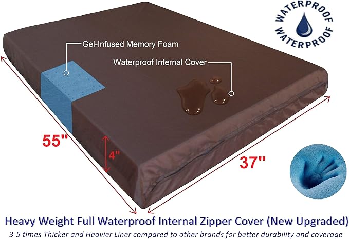 Dogbed4less XXL Waterproof Orthopedic Premium Memory Foam Dog Bed for Large Dogs, Washable Suede Cover and Extra Replacement Case, 55X37X4 Inch, Brown