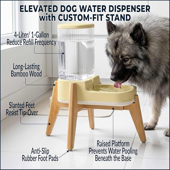 Elevated Dog Water Dispenser with Bamboo Stand for Medium Large Dogs, 4L 1 Gallon Gravity Dog Water Bowl Dispenser, Raised Automatic Dog Water Station, Custom Fit Non Slip Anti Tip Stand