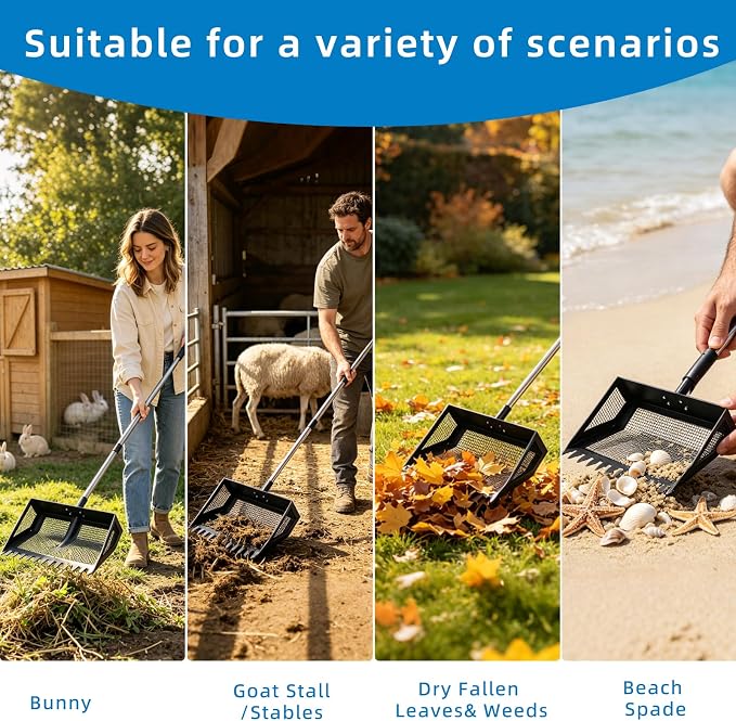 Goat Pooper Scooper & Manure Rake, Heavy Duty Metal Sifter Shovel with Adjustable Long Handle, Specially Designed for Goat Stall Cleaning, Farm Livestock Waste Pickup Tool with Gloves (40–71")