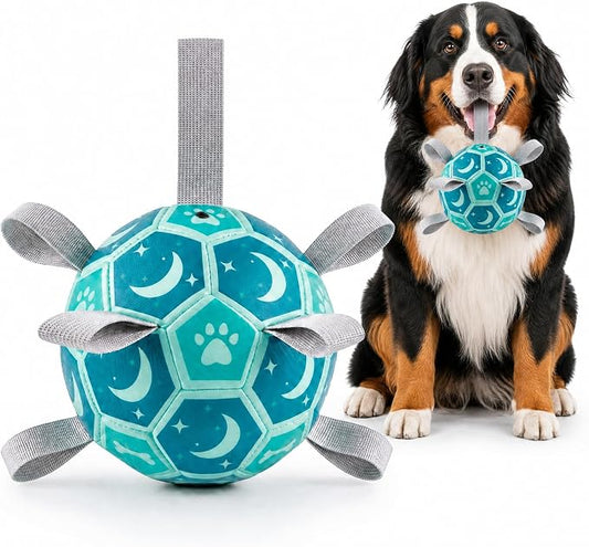 Dog Toys Balls, Dog Soccer Ball with Straps, Dog Birthday Gifts, Durable Balls for Small Medium Pet, Puppy Outdoor Toy, Pet Training Soccer Ball, World Cup Soccer (7.25 Inch) (Blue, Large)