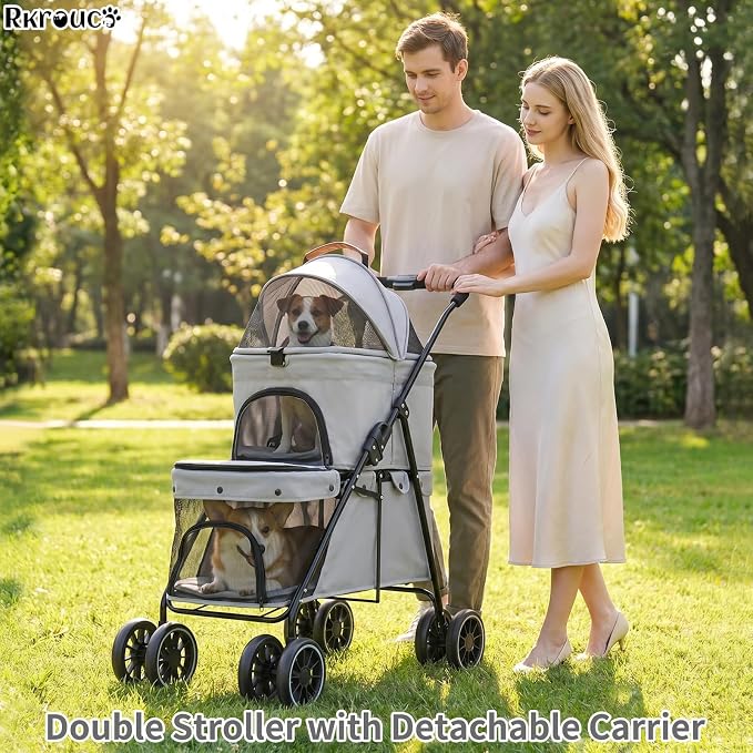 Foldable Double Pets Stroller for Dog Portable Cat Strollers for Small Medium Pet with One Detachable Carrier Flexible Lockable Wheels Lightweight Dogs Jogger (Gray)