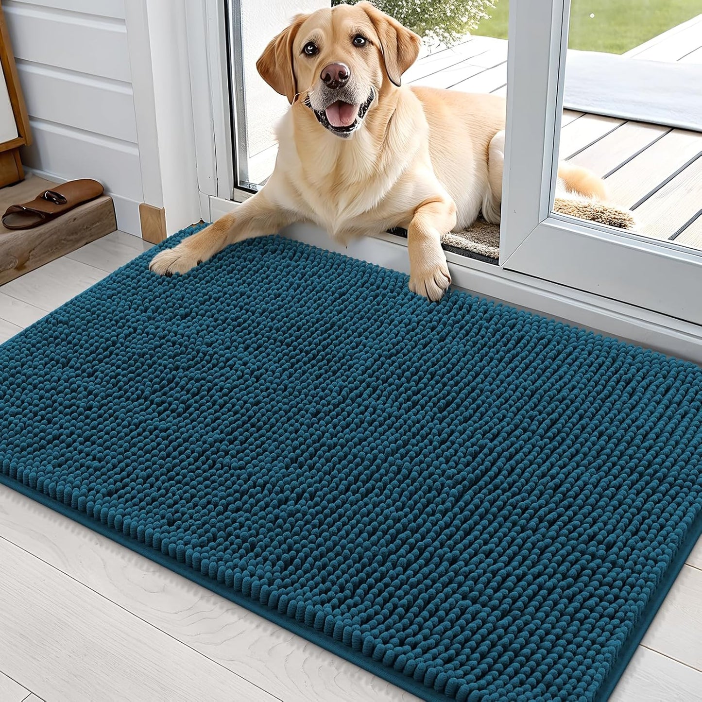 OLANLY Dog Door Mat for Muddy Paws 36x24, Absorbs Moisture and Dirt, Absorbent Non-Slip Washable Doormat, Quick Dry Chenille Mud Mat, Entry Indoor Entryway Carpet for Inside Floor, Atlantic Blue