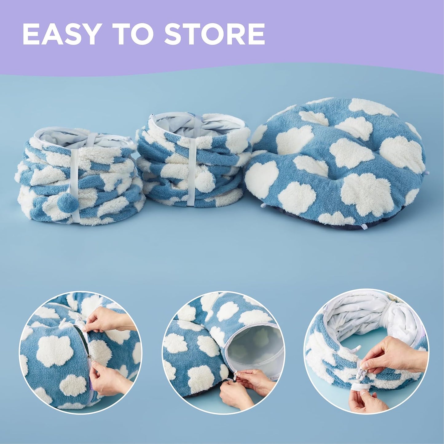 Lesure Large Cat Tunnel Bed - Cute Donut Bed for Indoor Cats with Washable Circle Cushion, Round Pet Peekaboo Cave Toy for Multi Kitten/Puppy/Rabbit, Large Blue